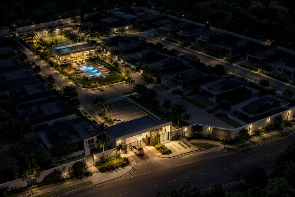 Condominio com iluminação através de gerador Tecnicargo para a área comum e segurança na temporada de chuva com queda de energia
